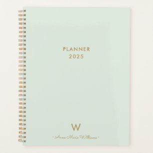 Modern Sage Green Gold Script Monogram Planer