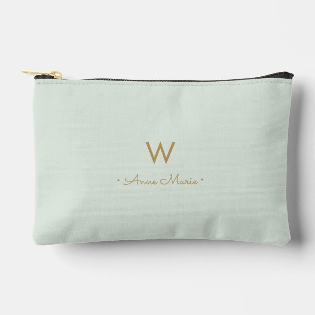Modern Sage Green Gold Script Monogram Zubehörtasche (Vorderseite)
