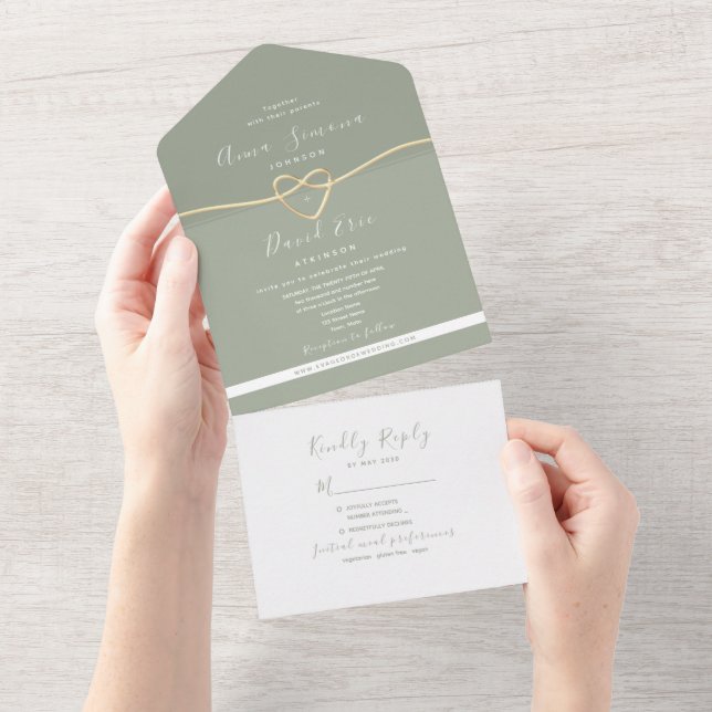 Modern Sage Green Gold Wedding All In One Einladung (Abreißen)