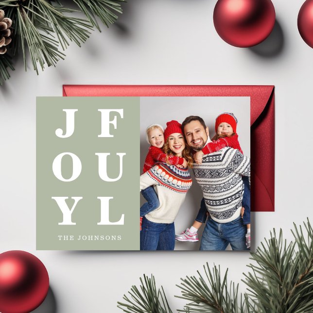 Modern Sage Green Joyce Foto Weihnachten (Modern Sage Green Joyful Photo Christmas Holiday Card)