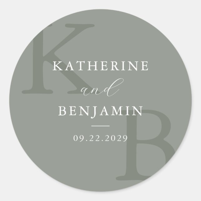 Modern Sage Green Monogram Minimalist Wedding Runder Aufkleber (Vorderseite)