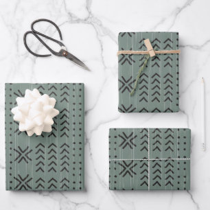 Modern Sage Green Mudcloth Afrikanisches Muster Geschenkpapier Set