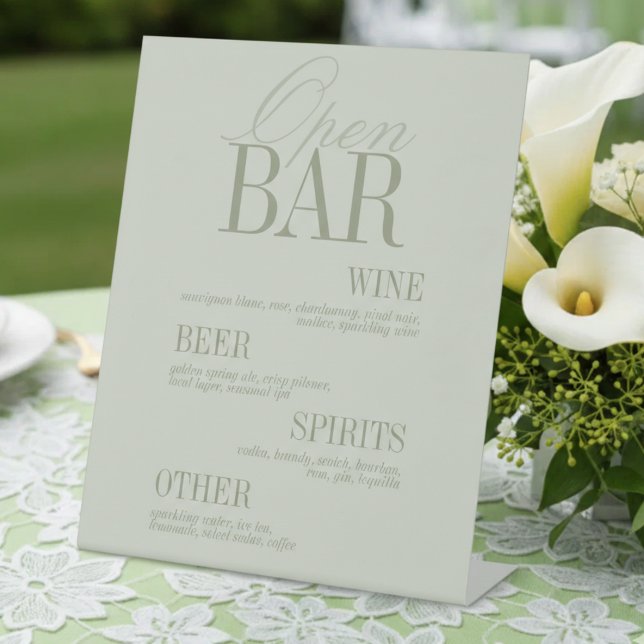 Modern Sage Green Open Bar Menu Wedding Sockelschild (Modern Sage Green Open Bar Menu Wedding Pedestal Sign)
