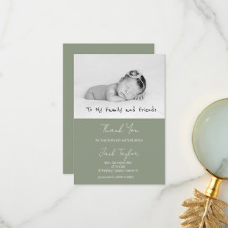 Modern Sage Green Photo Handwriting Baby Birth   Dankeskarte