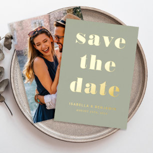 Modern Sage Green Photo Save The Date Gold Folieneinladung