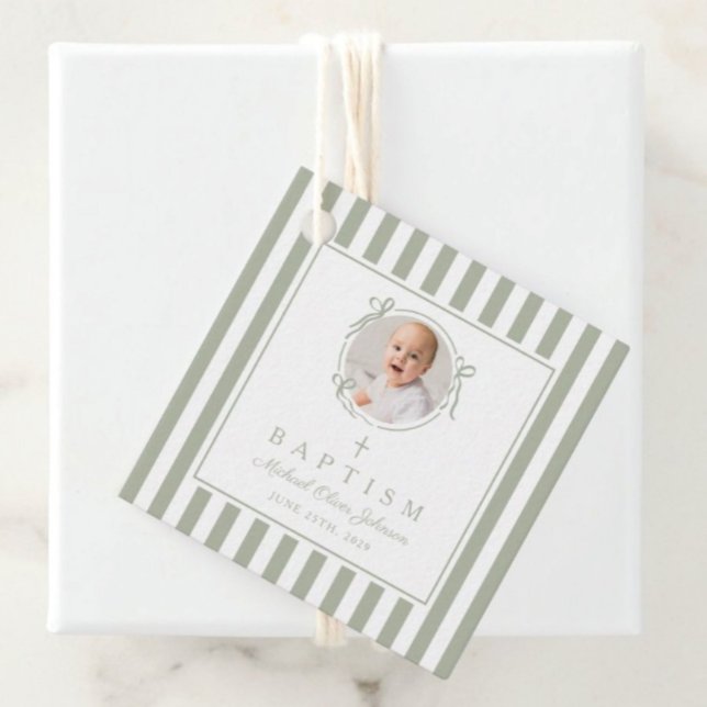 Modern Sage Green Photo Thank You Baptism Geschenkanhänger (Modern Sage Green Photo Thank You Baptism Favor Tags )