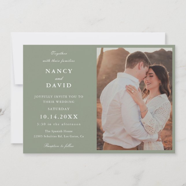 Modern Sage Green Photo Wedding Invitation Einladung (Vorderseite)