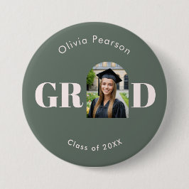 Modern Sage Green Pink Arch Photo Graduation Button