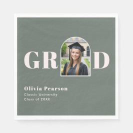 Modern Sage Green Pink Arch Photo Graduation Serviette