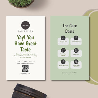 Modern Sage Green QR Code Logo Tumbler Care Card Visitenkarte