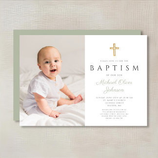 Modern Sage Green Religious Boy Foto Taufe Einladung