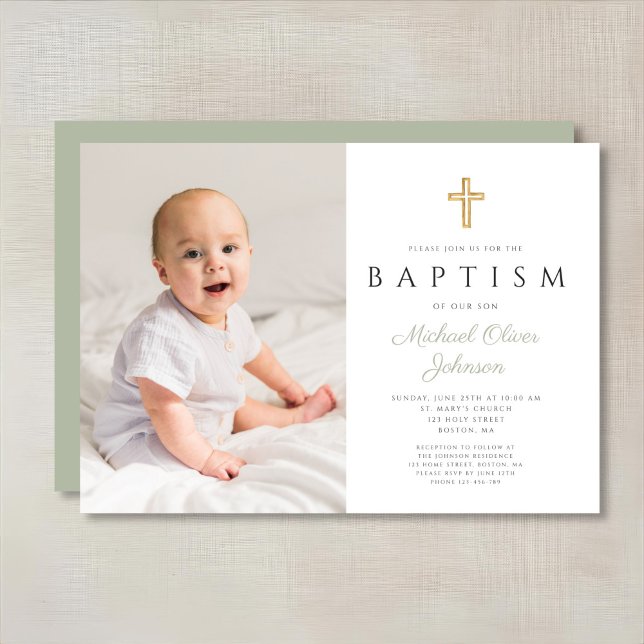 Modern Sage Green Religious Boy Foto Taufe Einladung (Modern Sage Green Religious Boy Photo Baptism Invitation)