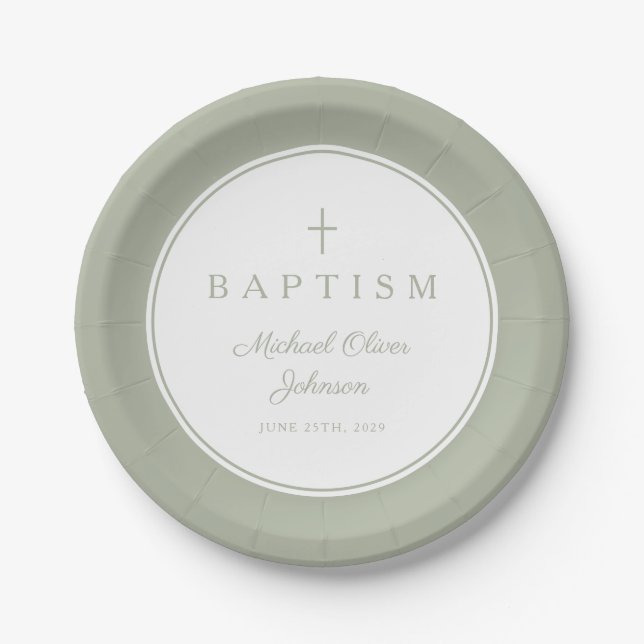 Modern Sage Green Religious Cross Baptism Pappteller (Vorderseite)
