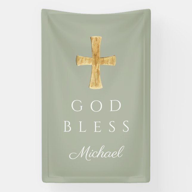 Modern Sage Green Religious Cross Gott segne Banner (Vertikal)