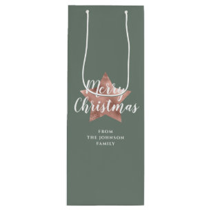 Modern Sage Green Rose Gold Star Weihnachten Geschenktüte Für Weinflaschen