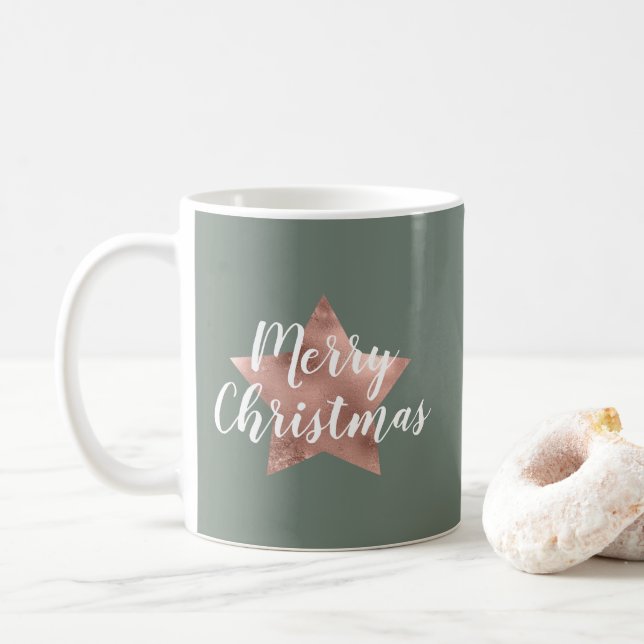 Modern Sage Green Rose Gold Star Weihnachten Kaffeetasse (Mit Donut)