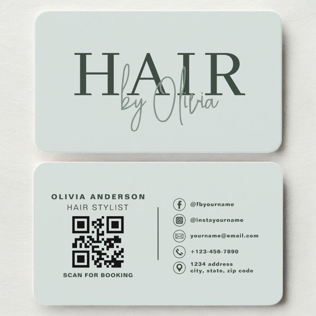 Modern Sage Green Salon Hairstylist QR Code Visitenkarte (Von Creator hochgeladen)