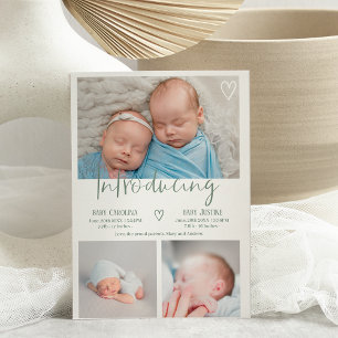Modern sage green script 3 photo baby twins birth ankündigung