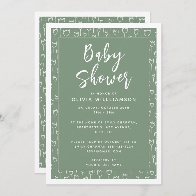 Modern Sage Green Script Baby Dusche Einladung (Vorne/Hinten)