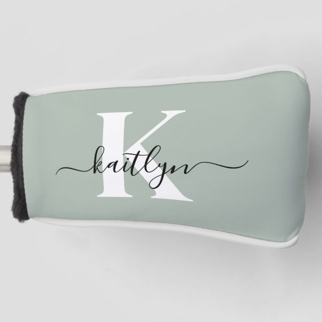 Modern Sage Green Script Monogram Golf Headcover (Vorderseite)