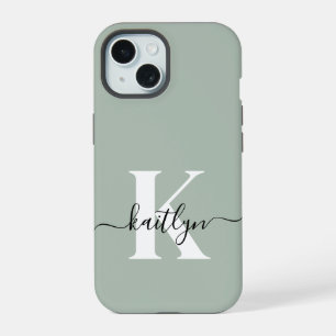 Modern Sage Green Script Monogram iPhone 15 Hülle