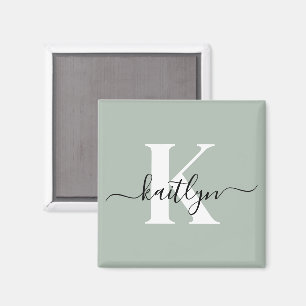 Modern Sage Green Script Monogram Magnet