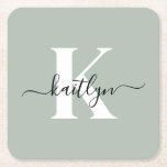 Modern Sage Green Script Monogram Rechteckiger Pappuntersetzer<br><div class="desc">Diese schlichten, eleganten Untersetzer aus dem grünen Quadrat mit Ihrem Vornamen in einem trendigen Schriftart in Schwarz und Ihre erste Aufnahme in einem modernen Schriftart in Weiß sind ideal, um Ihre Tische und Zähler frei von Wasserringen behalten. Sie nehmen Tröpfchen auf, damit Sie sich keine Sorgen machen müssen, wenn Sie...</div>