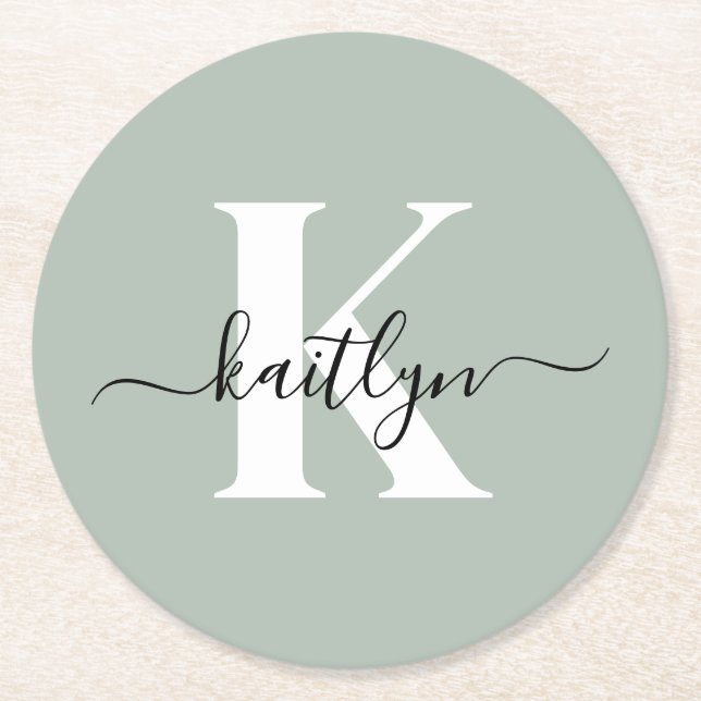 Modern Sage Green Script Monogram Runder Pappuntersetzer (Vorderseite)