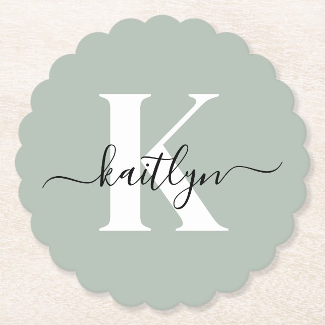 Modern Sage Green Script Monogram Untersetzer (Vorderseite)