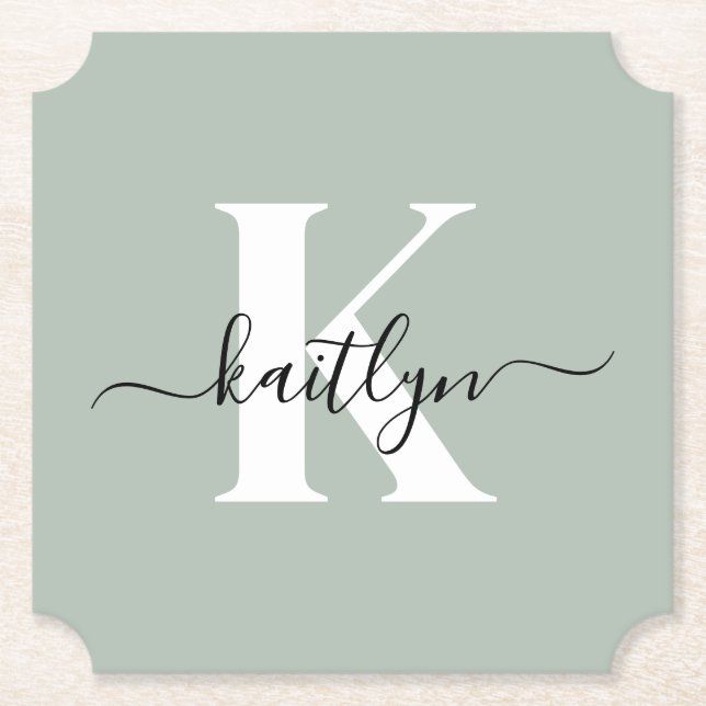 Modern Sage Green Script Monogram Untersetzer (Vorderseite)