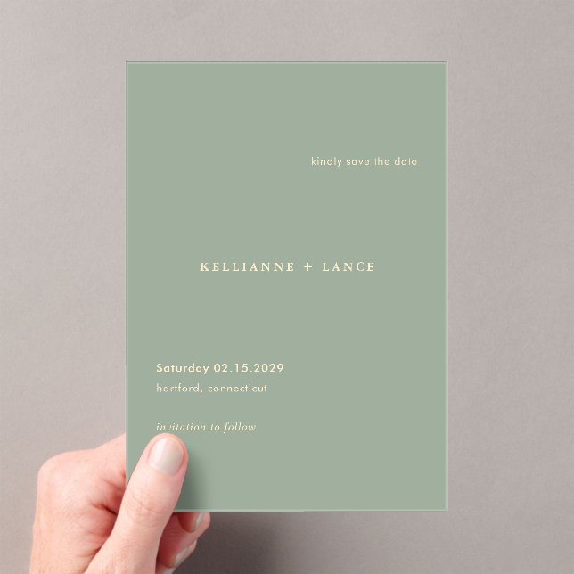 Modern Sage Green Simple Wedding Save the Date Acryleinladungen (Insitu (Handheld))