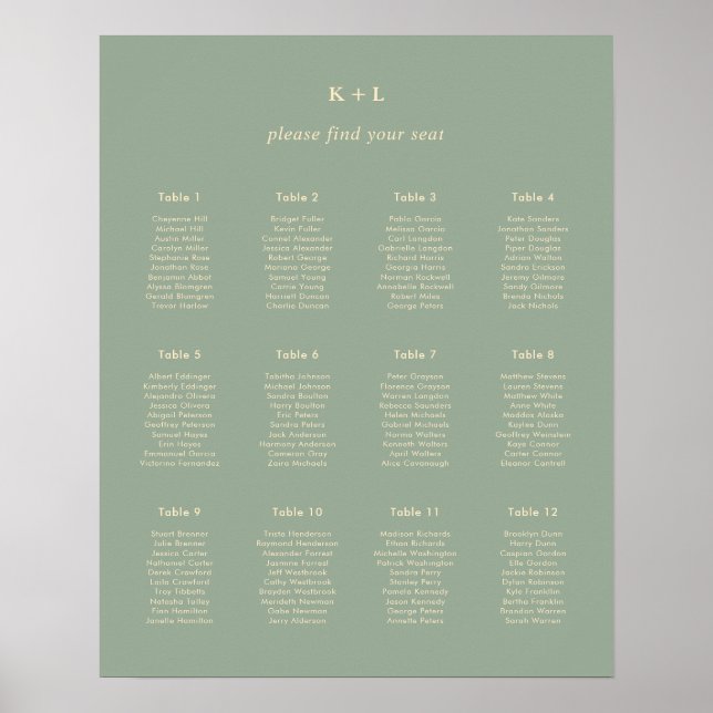 Modern Sage Green Simple Wedding Seating Chart Poster (Vorne)
