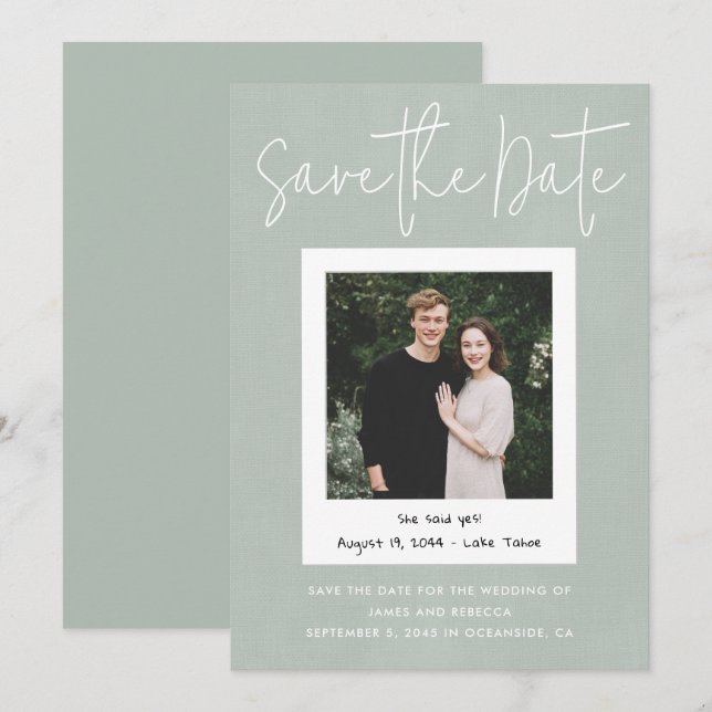 Modern Sage Green Snapshot Photo Save the Date Einladung (Vorne/Hinten)