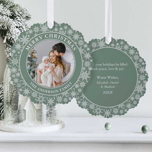 Modern Sage Green Snowflakes Frohe Weihnachten Fot Ornament Karte (A greeting card that is also an ornament! Customize with your photo and personalized text.)