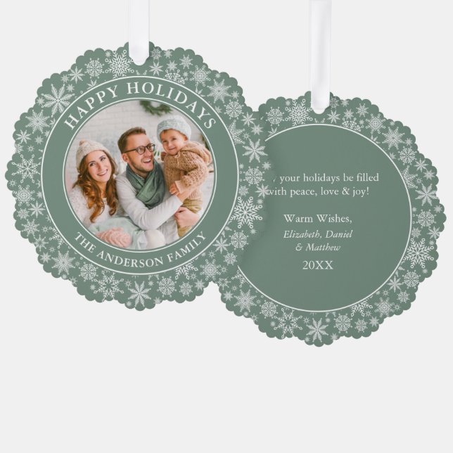 Modern Sage Green Snowflakes Happy Holidays Foto Ornament Karte (Vorderseite/Rückseite)