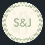 Modern Sage Green Wavy Stripe Monogram Wedding Runder Aufkleber<br><div class="desc">Add a stylish, personalized touch to your wedding details with this modern sage green wavy stripe monogram classic round sticker. Perfect for sealing invitations, favor bags, or thank you cards, the elegant flowing stripe design highlights your custom monogram and complements your wedding stationery suite. Fully customizable with initials, names, or...</div>