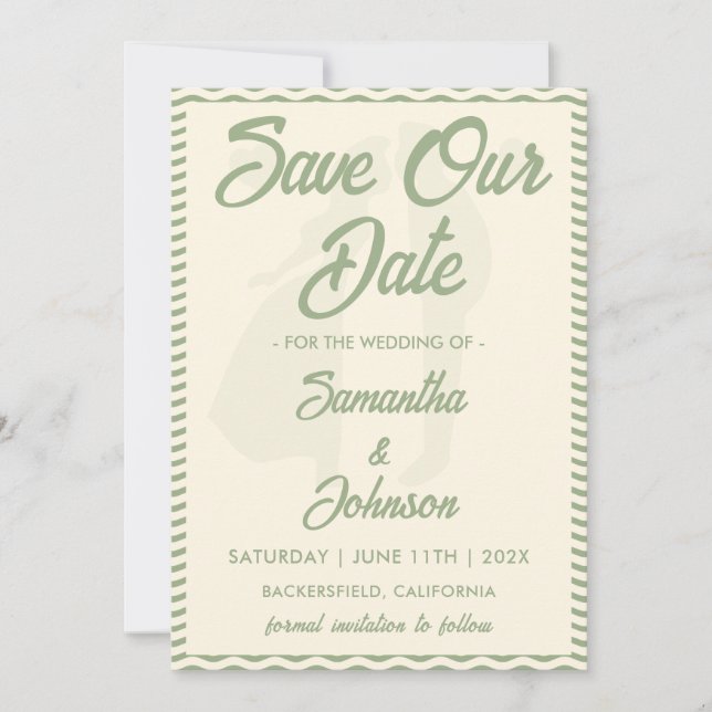Modern Sage Green Wavy Stripe Photo Wedding Save The Date (Vorderseite)