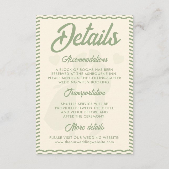 Modern Sage Green Wavy Stripe Wedding Details Begleitkarte (Vorderseite)