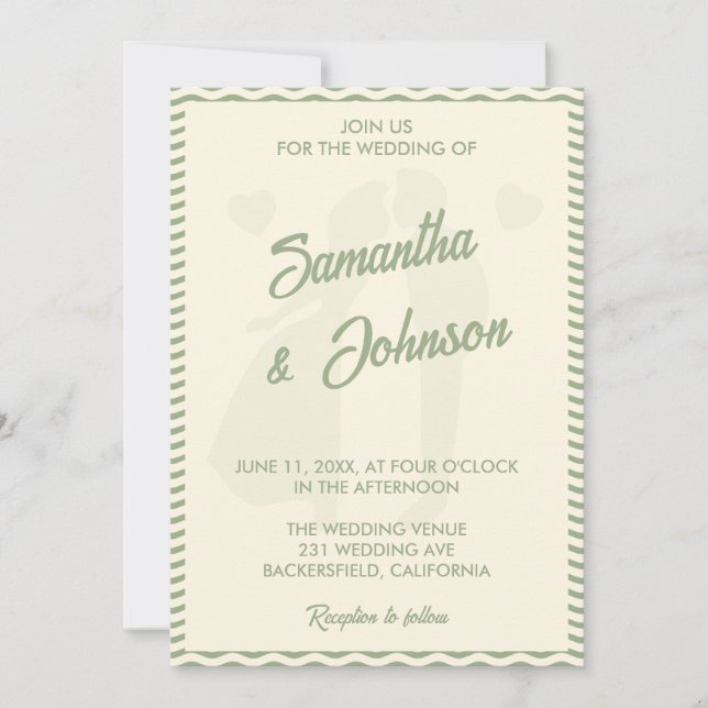 Modern Sage Green Wavy Stripe Wedding Einladung (Vorderseite)