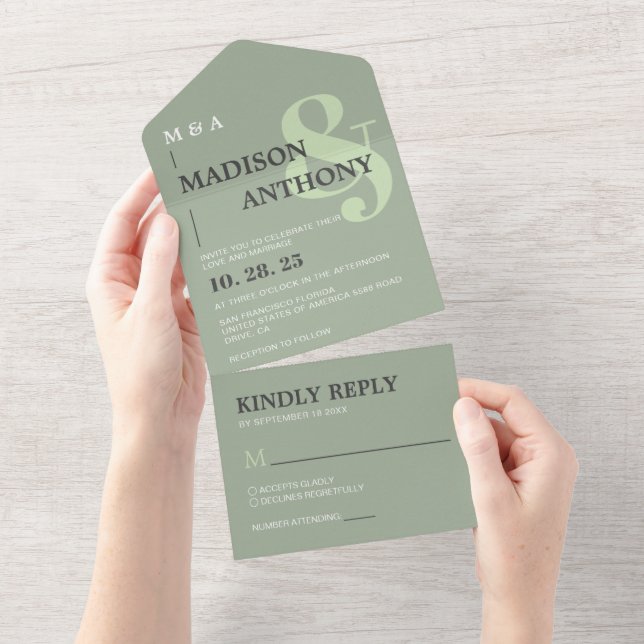 Modern Sage Green Whimsical Ampere und Hochzeit All In One Einladung (Abreißen)