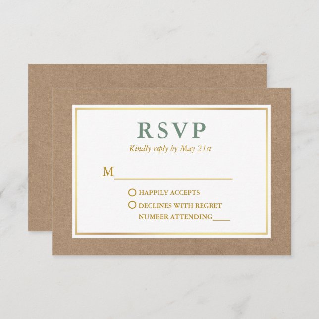 Modern Sage Green White Gold Kraft RSVP Karte (Vorne/Hinten)