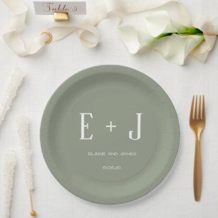 Modern Sage Green & White Monogram Wedding Party Pappteller