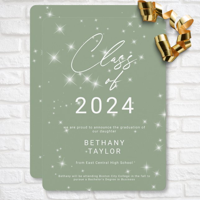 Modern Sage Green & White Sparkor Abschluss Ankündigung (Modern Sage Green & White Sparkle Graduation Announcement)