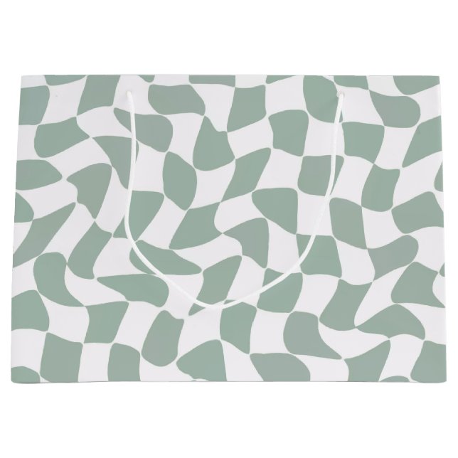 Modern Sage Green & White Wavy Checkerboard Große Geschenktüte (Vorderseite)