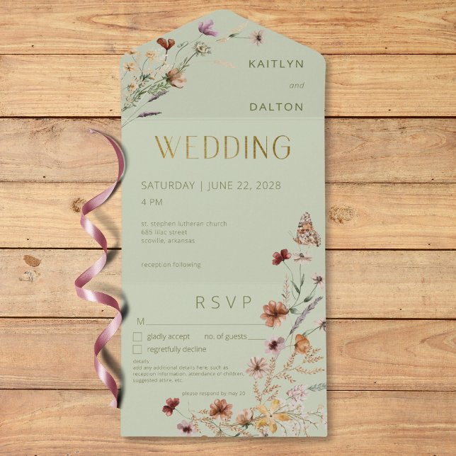 Modern Sage Green Wildblume Bouquet Details All In One Einladung (Modern Sage Green Wildflower Bouquet Details All In One Invitation)