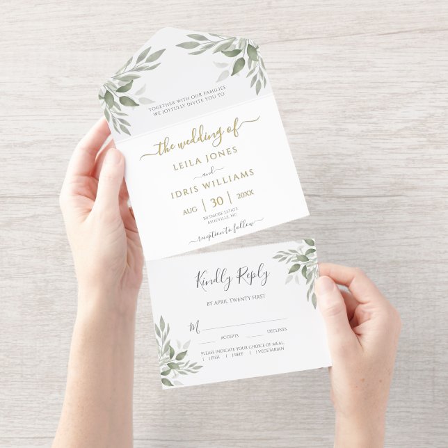 Modern Sage Greenery Gold Foil All-in-One-Einladung (Abreißstreifen)