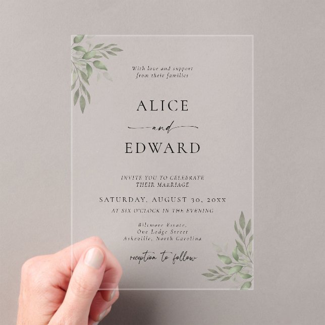 Modern Sage Greenery Wedding Acrylic Invitation Acryleinladungen (Insitu (Handheld))