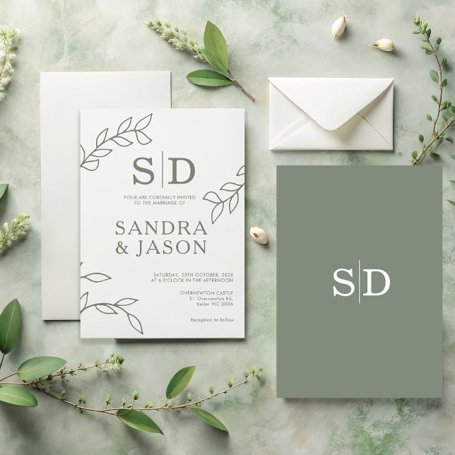Modern Sage Line Art Foliage Hochzeit Einladung (Modern Sage Wedding Invite, Sage Green Minimal Wedding Invitation Template, Minimalist Sage Invite

)