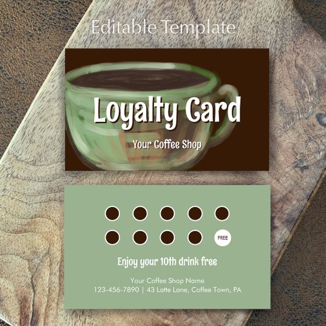 Modern Sage Unique Art Coffee Shop Rewards Treuekarte (Customize this unique modern art coffee shop customer loyalty cards. An editable sage rewards card.
)