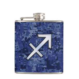 Modern Sagittarius Zodiac Sign Navy Digital Camo Flachmann